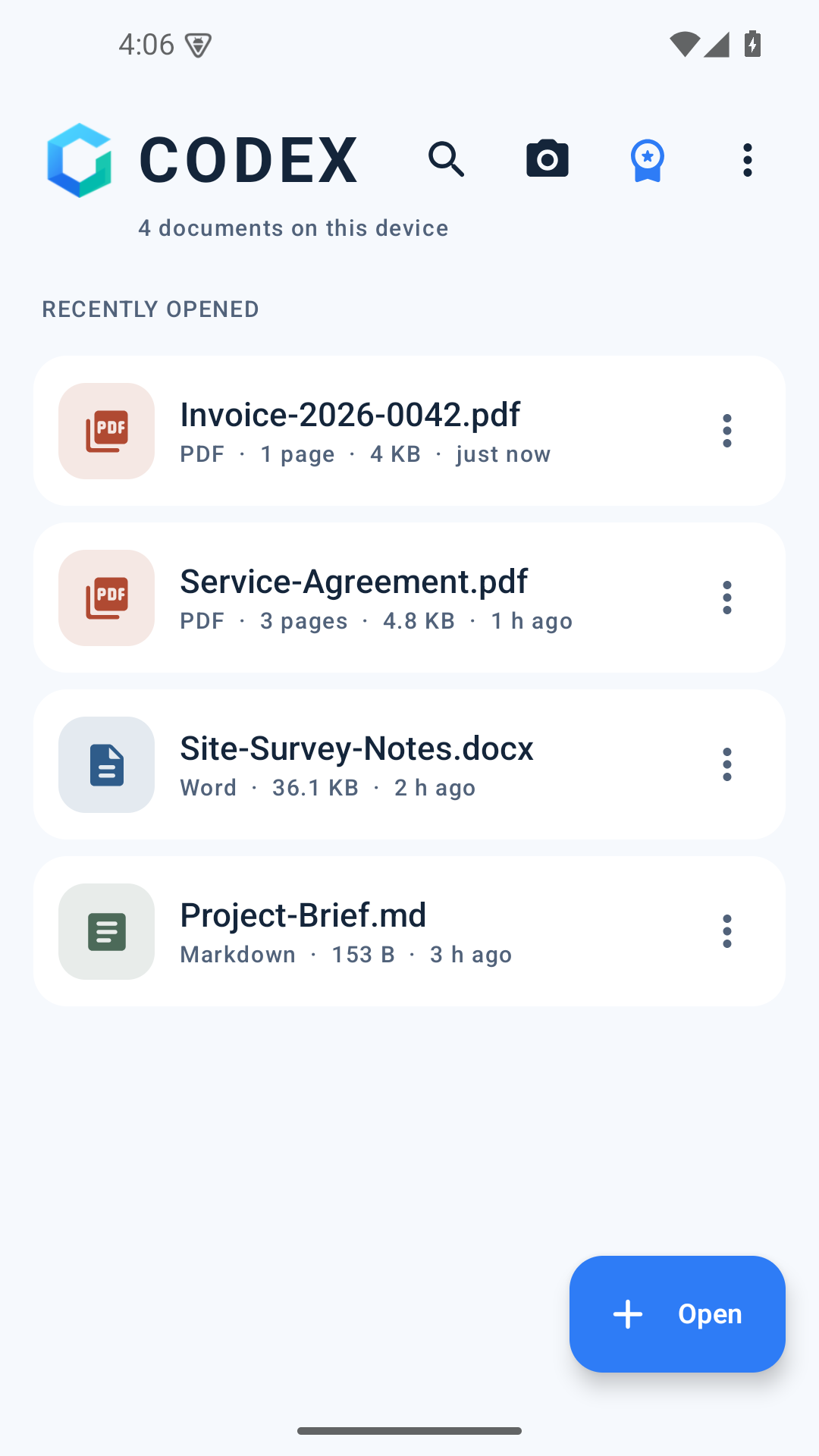 CODEX library showing PDFs, a Word document and a Markdown file