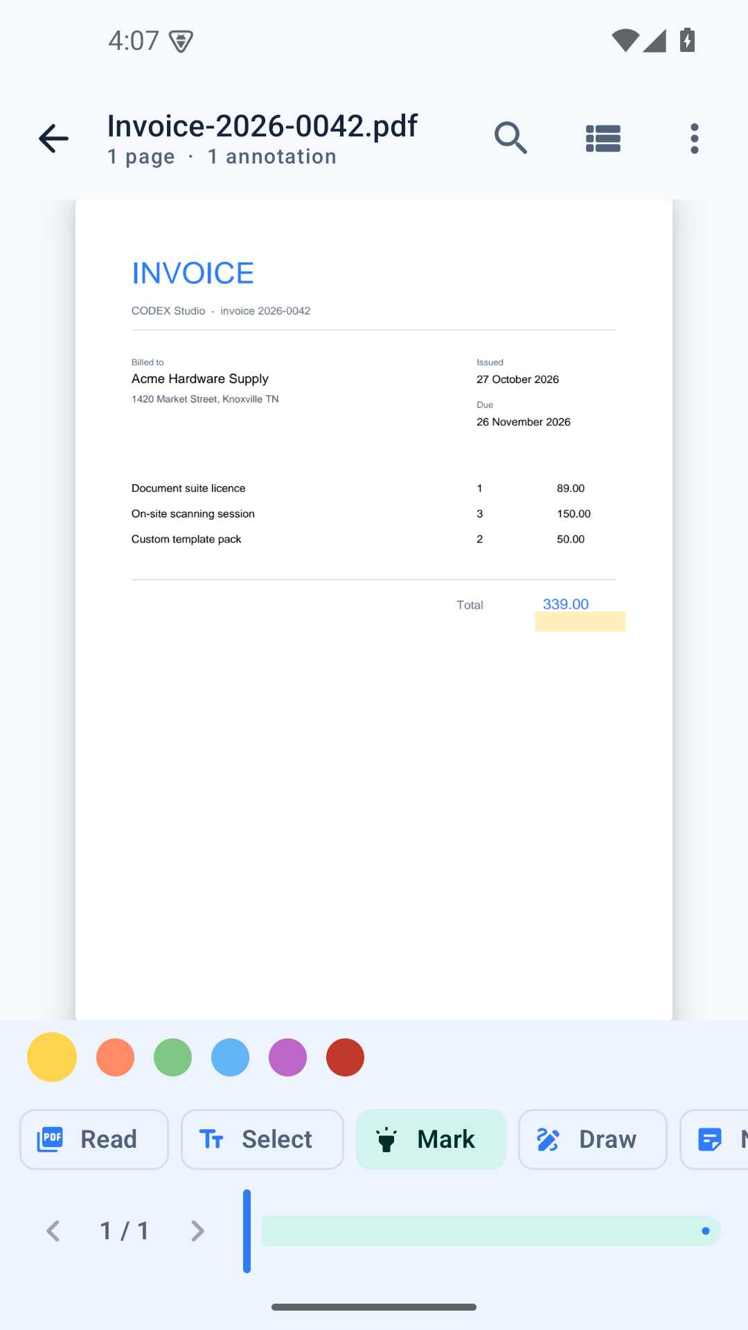 Reading an invoice with a highlight and annotation tools