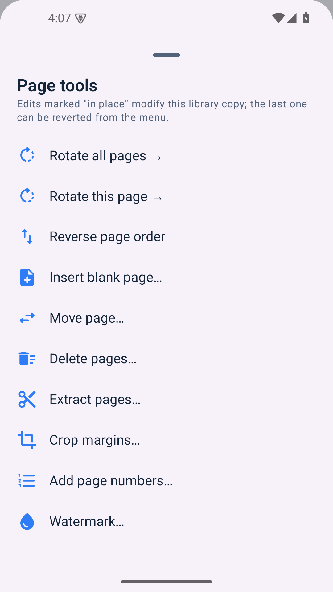 Page tools: rotate, move, crop, metadata, watermark