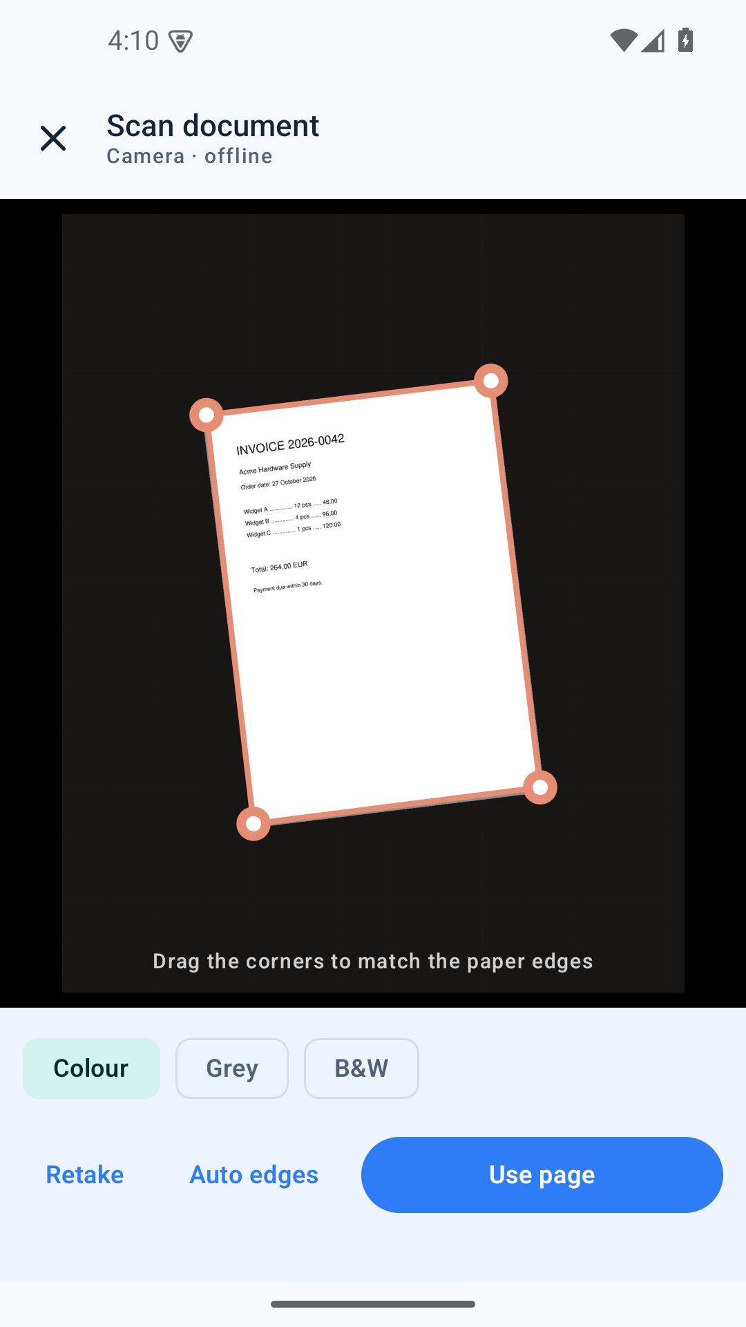 Scanner with automatic page edges and colour filters